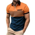 thumbnail image 1 of AHTJRT Mens Short Sleeve Polo Shirt Zipper Collar Slim Fit Chest Pocket Stripe Fashion Leisure Tshirt Top Orange XL, 1 of 3