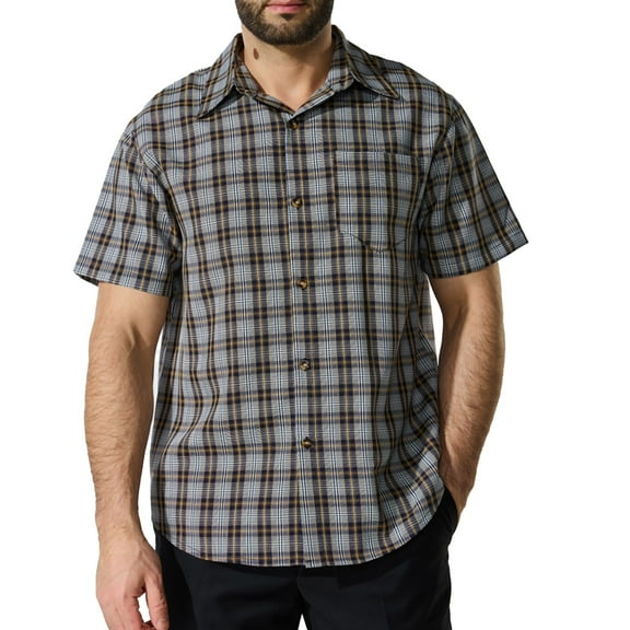 AHTJRT Mens Short Sleeve Turn Down Collar Button Up Loose Plaid Dressy Work Tunic Blouse Top with Pocket Blue 3XL