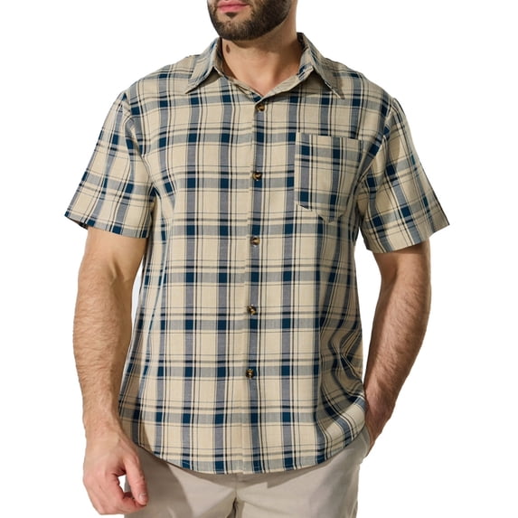 AHTJRT Mens Short Sleeve Turn Down Collar Button Up Loose Plaid Dressy Work Tunic Blouse Top with Pocket Khaki L