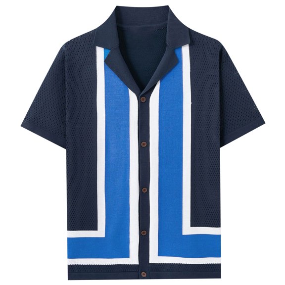 AHTJRT Mens Short Sleeve Vintage Hawaiian Knit Button Dressy Retro Color Block Summer Trendy T-Shirt Tops Navy M