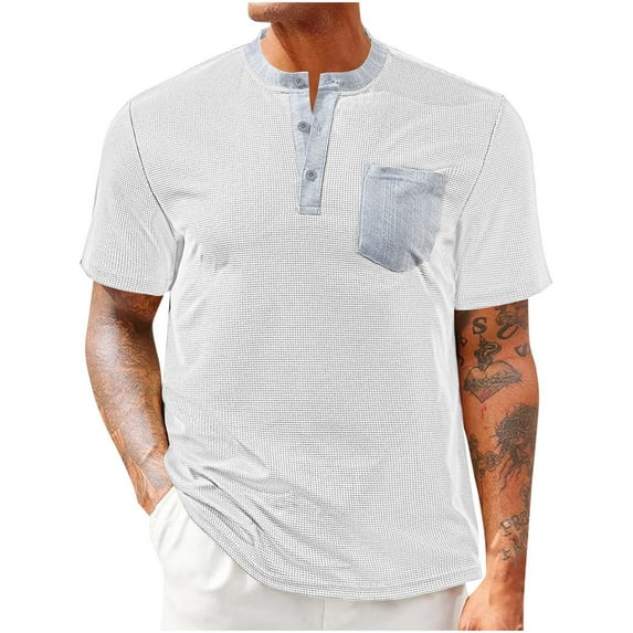 AHTJRT Mens Short Sleeve Waffle Henley Shirt Contrast Trim Chest Pocket Casual Fit Fashion Leisure Color Block Tshirt Top White L
