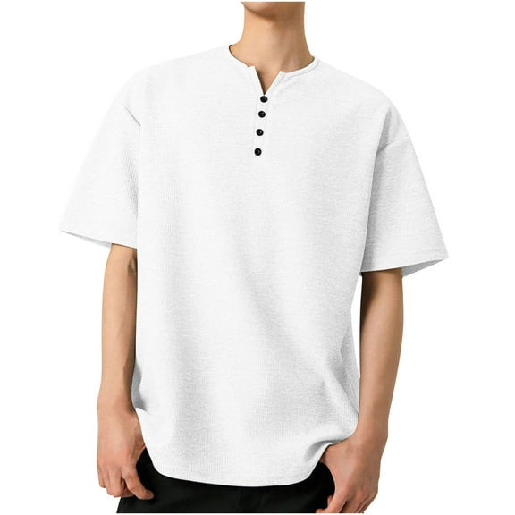 AHTJRT Mens Slim Fit Casual Short Sleeve VNeck Henley Tees Basic Fashion Shirts White L