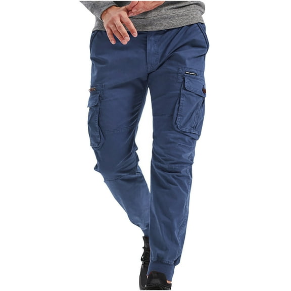 AHTJRT Mens Slim Fit Tapered Cargo Work Jogger Pants Chino Trousers with Pockets Navy 40