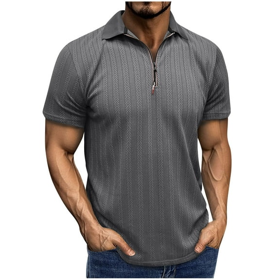AHTJRT Mens Sporty Short Sleeve Zip Up Golf Tops Flexible Fit for Golf Dark Gray S