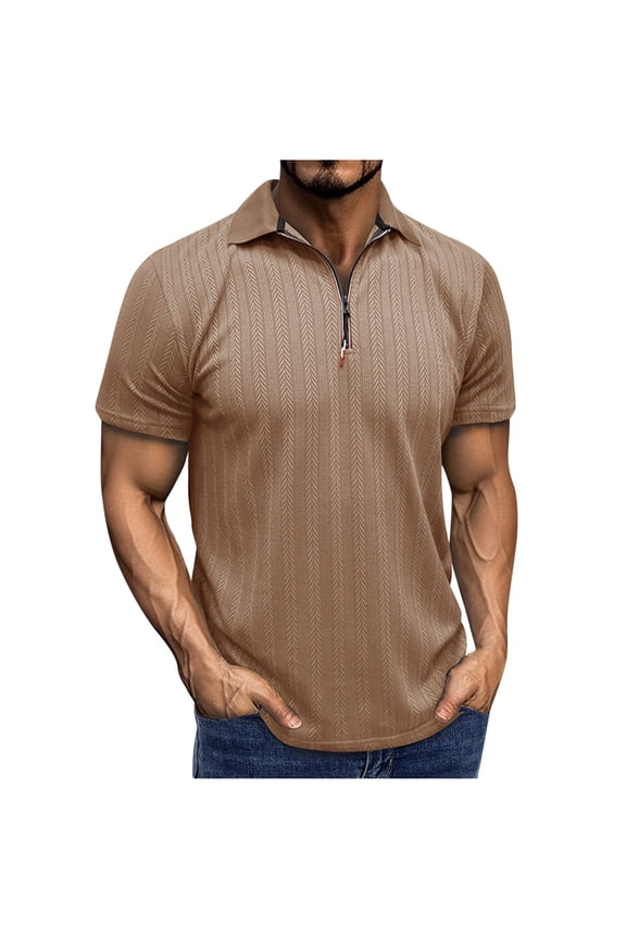Mens Sporty Short Sleeve Zip Up Golf Tops Flexible Fit for Golf Khaki 2XL