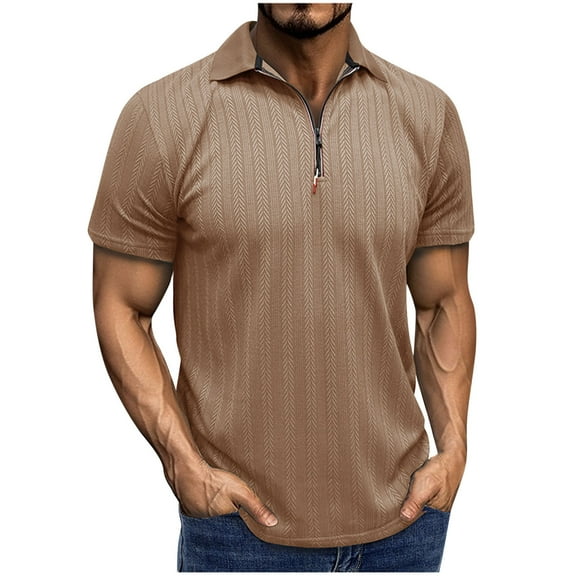 AHTJRT Mens Sporty Short Sleeve Zip Up Golf Tops Flexible Fit for Golf Khaki XL