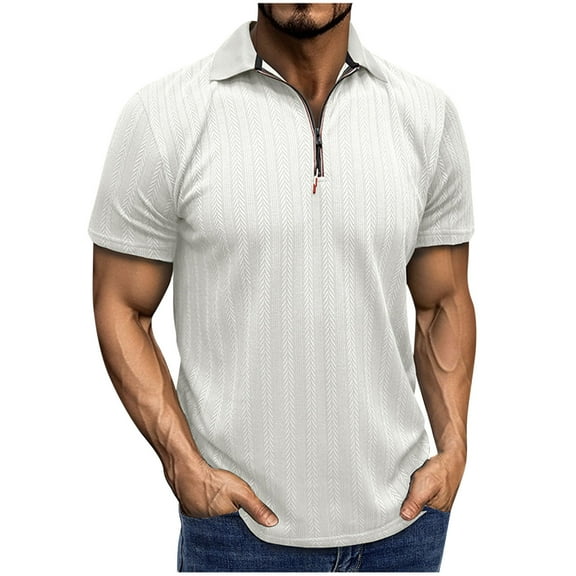 AHTJRT Mens Sporty Short Sleeve Zip Up Golf Tops Flexible Fit for Golf White S