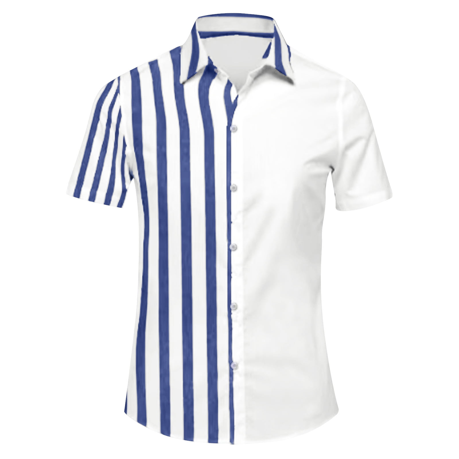 Men's Patchwork Hawaiian Shirt - Blue Striped Short Sleeve Button Down Beach Shirt, Large
