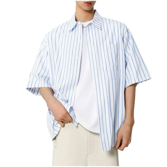 AHTJRT Mens Summer Casual Short Sleeve Striped Button Down Blouse Shirts Sky Blue L