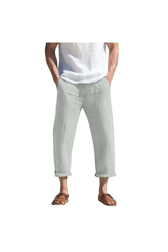 Mens Summer Drawstring High Waist Wide Leg Cotton Linen Capri Pants Gray 4XL