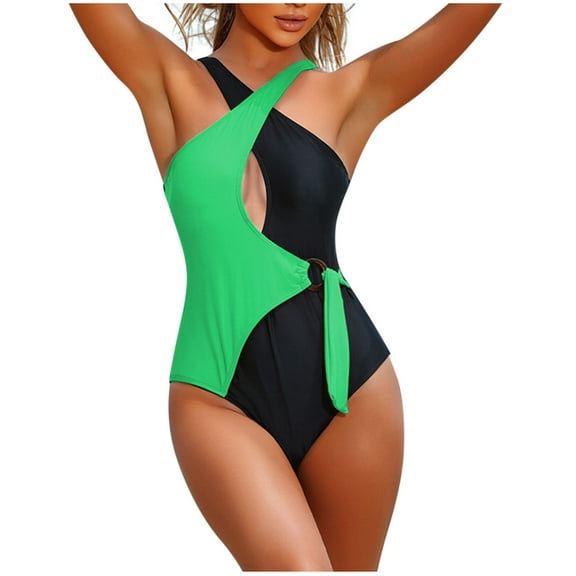AHTJRT Monokini Bikini Set for Women One Piece Tummy Control O Ring Side Tie Strappy Swimwear Padded Twist Front Wireless Bathing Suit Green L