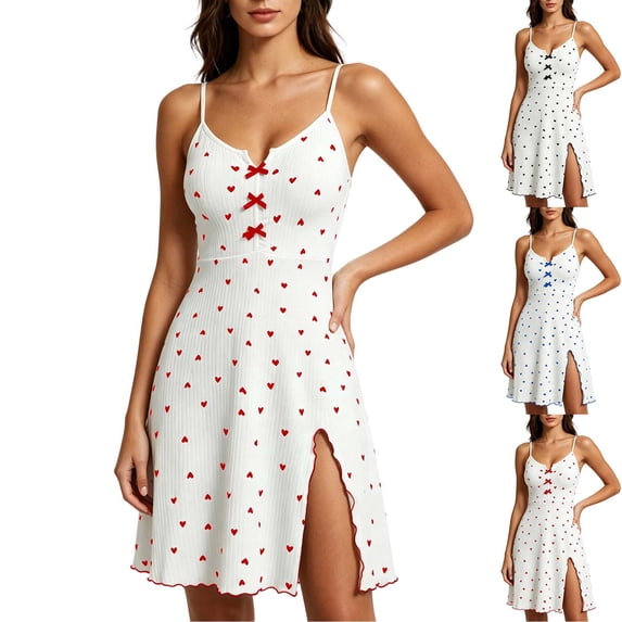 AHTJRT Nightdress for Women Elegant Cute Side Slit Lettuce Trim Ribbed Knit Love Heart Printed Nightgown Spaghetti Strap Chemise Negligees Black M