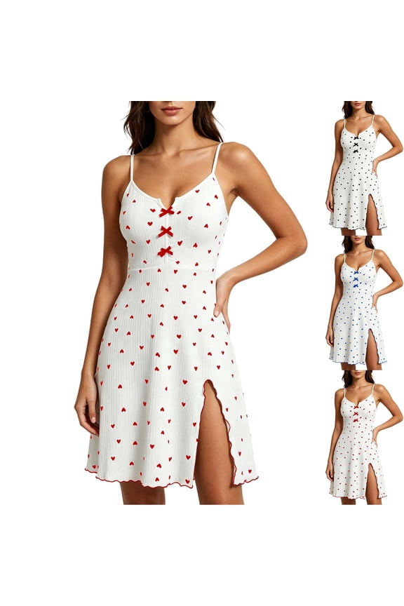 Nightdress for Women Elegant Cute Side Slit Lettuce Trim Ribbed Knit Love Heart Printed Nightgown Spaghetti Strap Chemise Negligees Black S