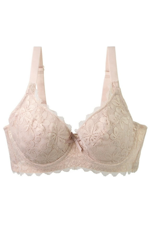 No Underwire Lace Bras for Women Sponge Cup Deep V Seamless Bra for Seniors Plus Size Full Coverage Everyday Bras Beige 95C