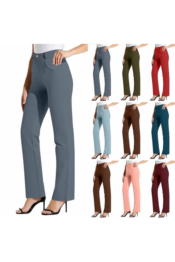 Office Dress Pants for Women Stretch Formal Business Work Pants with Pockets Front Button High Waisted Casual Long Trousers Navy M