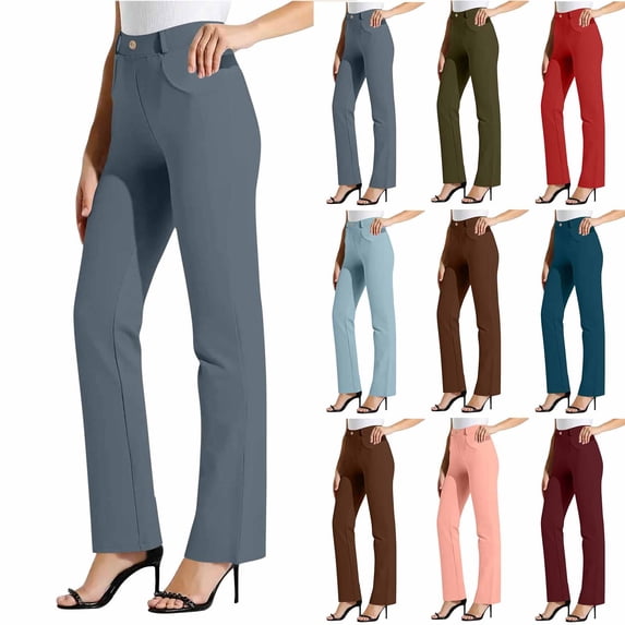 AHTJRT Office Dress Pants for Women Stretch Formal Business Work Pants with Pockets Front Button High Waisted Casual Long Trousers Red XL