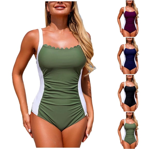 AHTJRT One Piece Bathing Suit for Women Ruched Colorblock Scalloped High Waisted Swim Dress Padded Swimwear Jumpsuit with Adjustable Straps Purple M