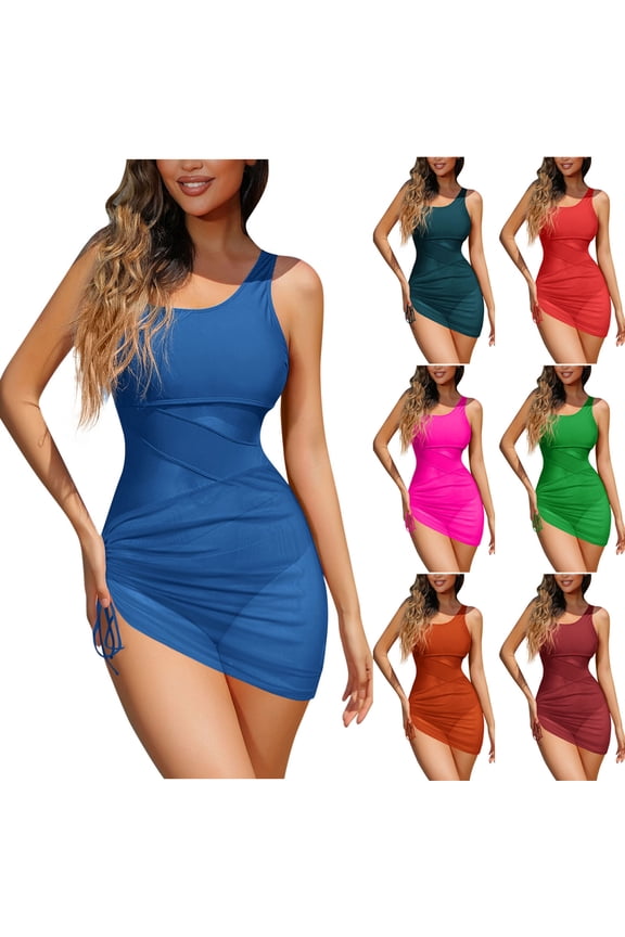 One Piece Swimdress for Women Padded Slim Fit High Waist Tummy Control Dresses Sheer Mesh See Through Swimwear Bathing Suit Red M