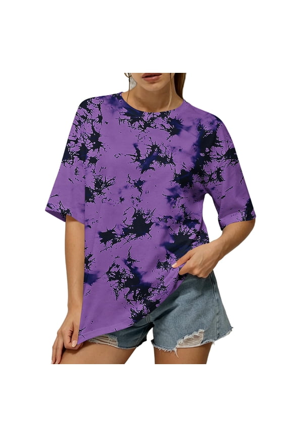 Oversized Tie Dye Shirt for Women Funky Hippie Hipster Streetwear Crewneck Short Sleeeve T-Shirts Lightweight Summer Tops Purple S