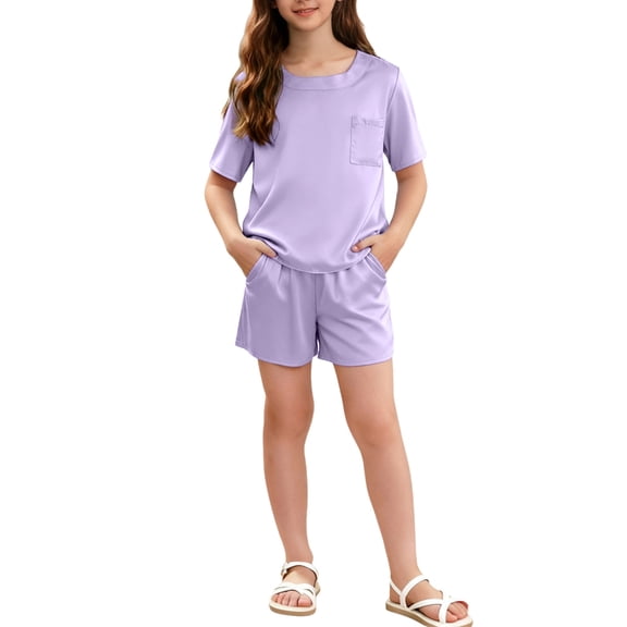 AHTJRT Pajama Sets for Girls Boys 2 Pieces Lounge Silk Satin Sets Short Sleeve Round Neck Top and Shorts Night Sleepwear Outfit Purple 5-6 Years