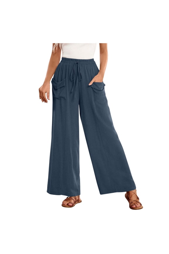 Palazzo Pants for Women Elastic Drwastring Waist Wide Leg Trousers with 2 Front Pockets Lightweight Solid Color Lounge Streetwear Pants Navy XXL