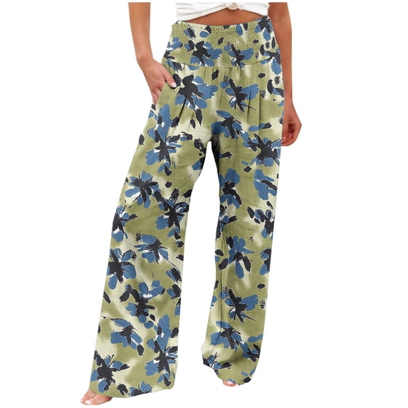 AHTJRT Palazzo Pants for Women High Elastic Waist Tummy Control Slack Pants Wit Pockets Boho Western Flowy Wide Leg Pants Multicolor#12 M