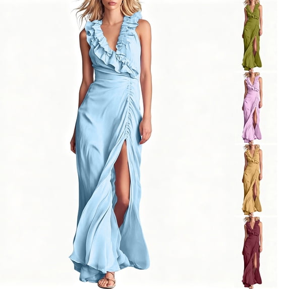 AHTJRT Party Dresses for Women Summer Asymmetrical Ruffled V Neck ...