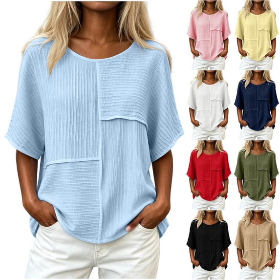 AHTJRT Patchwork T Shirt for Women Textured Knit Crew Neck Elbow Length Sleeve Tee Tops Loose Fit Comfy Lightweight Breathable Summer Tops White M
