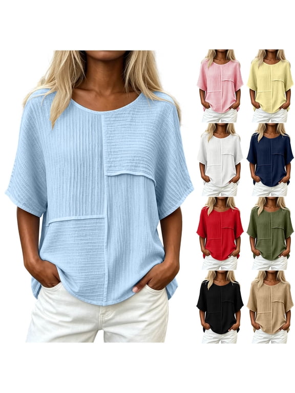 Patchwork T Shirt for Women Textured Knit Crew Neck Elbow Length Sleeve Tee Tops Loose Fit Comfy Lightweight Breathable Summer Tops Yellow M