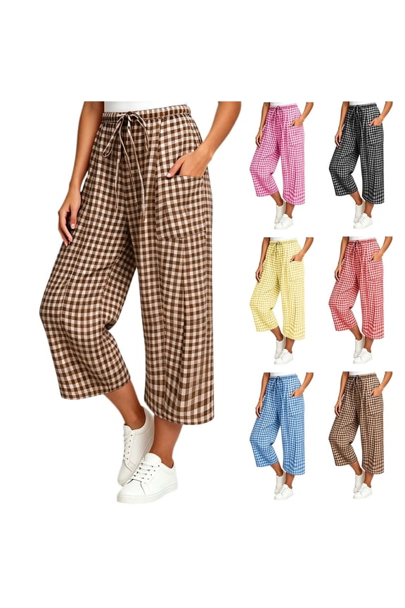 Plaid Capri Pants for Women Gingham Drawstrings Wide Leg Trousers with Pockets Fashion Lightweight Summer Leisure Vacation Pants Yellow XL
