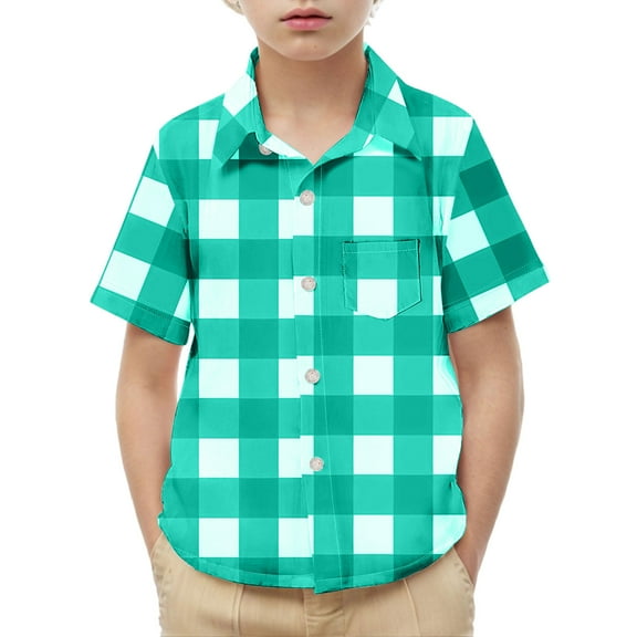 AHTJRT Plaid Shirts for Girls Boys Short Sleeve Turn Down Collar Full Button Tee Shirts with Pocket Casual Fall Spring Outdoor Tee Tops Mint Green 2 Years
