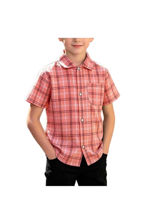 Plaid Shirts for Boys Lapel Button Down Gingham Short Sleeve Shirts Lightweight Casual Hiking Study Tour Shirt Red#02 2-3 Years
