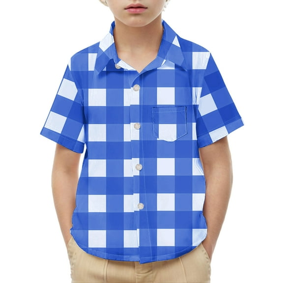 AHTJRT Plaid Shirts for Girls Boys Short Sleeve Turn Down Collar Full Button Tee Shirts with Pocket Casual Fall Spring Outdoor Tee Tops Blue 8 Years