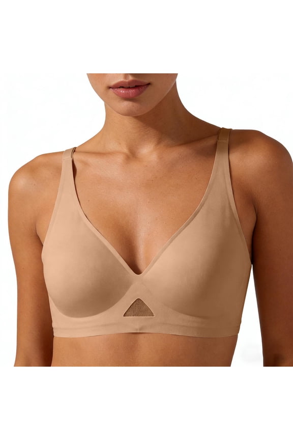 Plunge Triangle Bralette for Women Back Fastening Stretch Seamless Inbarely Bras Adjustable Push-Up Racerbacks Bras Khaki L