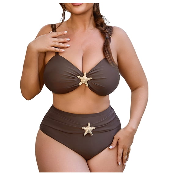 AHTJRT Plus Size Bikini Sets for Women Cutout Adjustable Spaghetti Straps Two Pieces Bathing Suits with Seashell Stitched Bralettes High Waist Bottoms Swimsuit Coffee XXXL