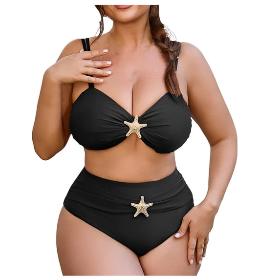 AHTJRT Plus Size Bikini Sets for Women Cutout Adjustable Spaghetti Straps Two Pieces Bathing Suits with Seashell Stitched Bralettes High Waist Bottoms Swimsuit Black#02 XXXL