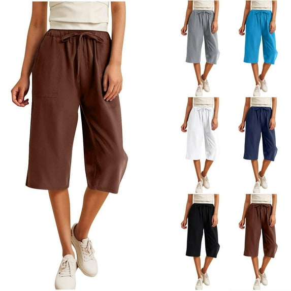 AHTJRT Plus Size Capri Pants for Women Wide Leg Elastic Waist Cropped Trousers with Pockets Drawstrings Summer Spring Athletic Loungewear Trousers Coffee L