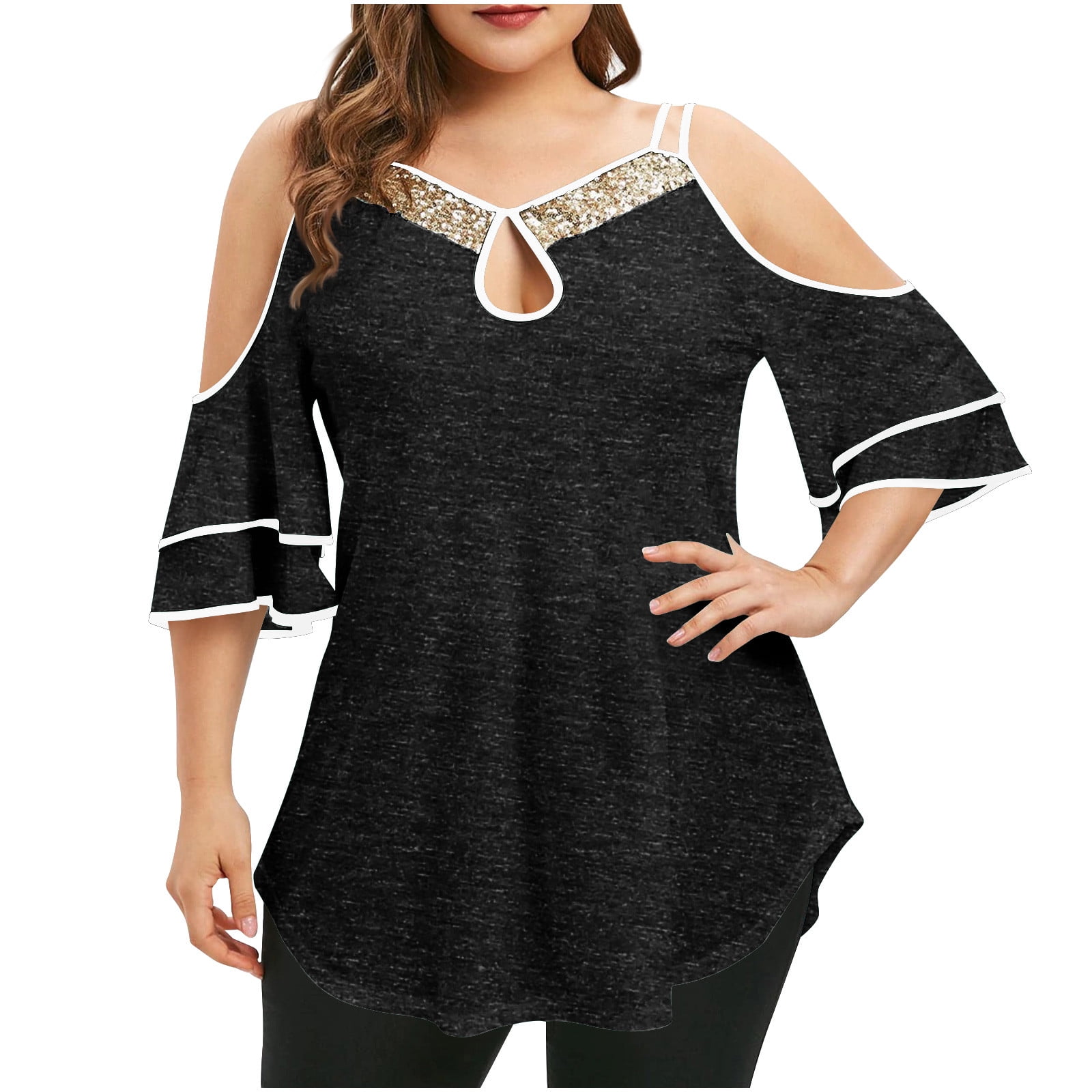 AHTJRT Plus Size Henley V Neck Cut out Tops Sequins Patchwork Casual