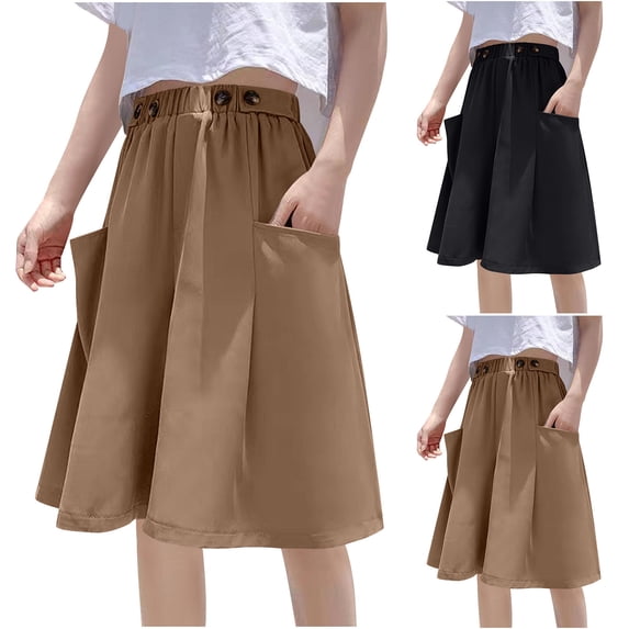 AHTJRT Plus Size Skorts for Women Lightweight Summer Casual Elastic Waist Skorts with 2 Front Pockets Lounge Streetwear Shorts Khaki XXXL