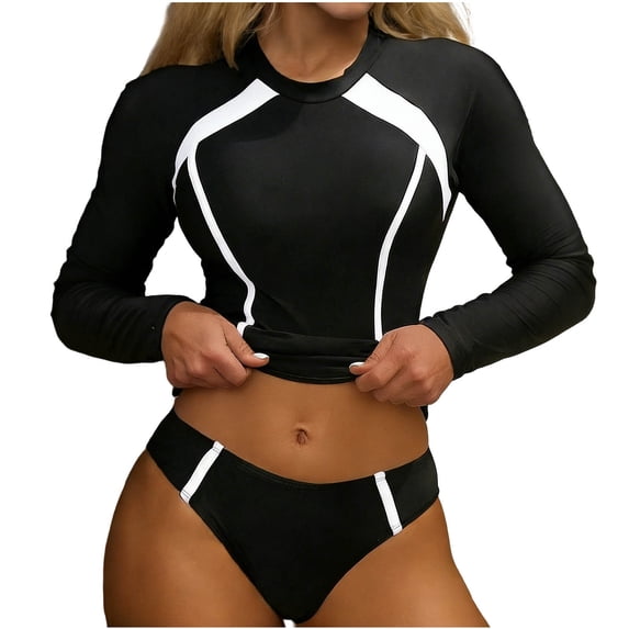 AHTJRT Rash Guard Swimsuit for Women Crewneck Long Sleeve Swimsuit Color Block Two Pieces Bathing Suit Sun Protection UPF 50+ Padded Swimwear White XL
