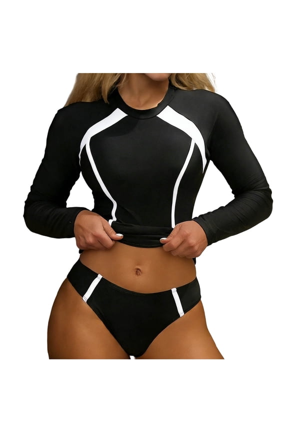 Rash Guard Swimsuit for Women Crewneck Long Sleeve Swimsuit Color Block Two Pieces Bathing Suit Sun Protection UPF 50+ Padded Swimwear White S