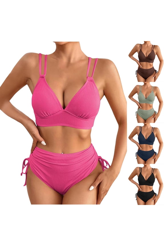 Ribbed Bikini Sets for Women Double Straps Triangle Criss Cross Swimsuits with Adjustable Spaghetti Straps High Waist Tie Side Bottoms Bathing Suits Navy S