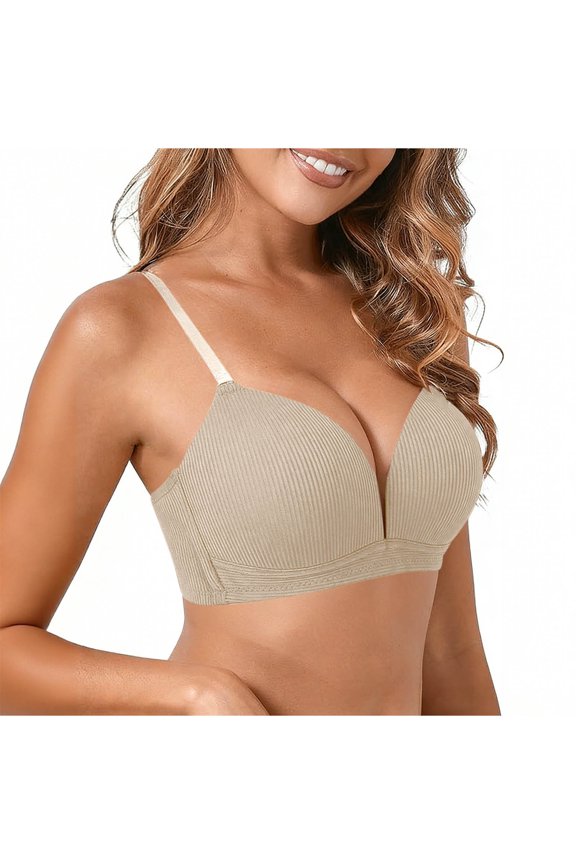 Ribbed Knit Bras for Women Deep V Neck Back Closure Adjustable Straps Bralettes Seamless Fixed Pad Lingerie Tops Beige M