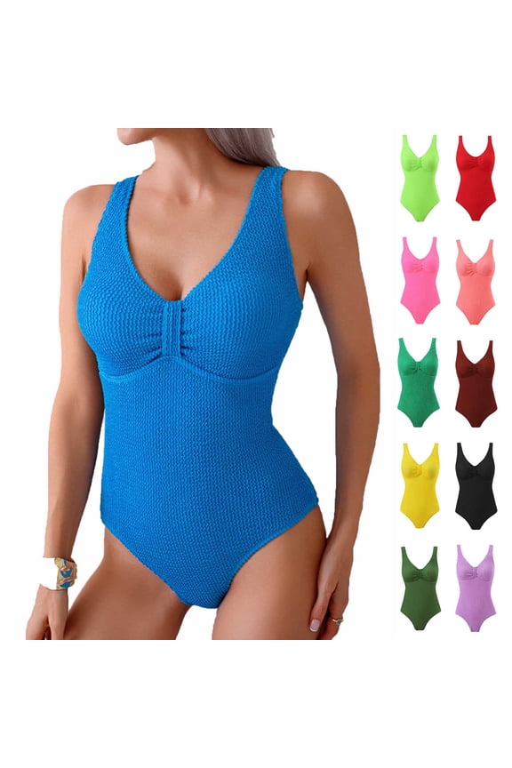 Ribbed One Piece Bathing Suit for Women Deep V Neck Tummy Control Slimming Jumpsuit High Waisted Racerbacks Bodysuit Wine S