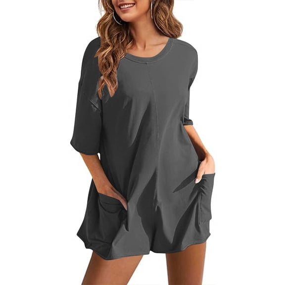 AHTJRT Rompers for Women Casual Solid Reversible Short Sleeve Jumpsuits One-Piece Crewneck Top Shorts Outfit Outdoor Camping Hiking Clothes Dark Gray M