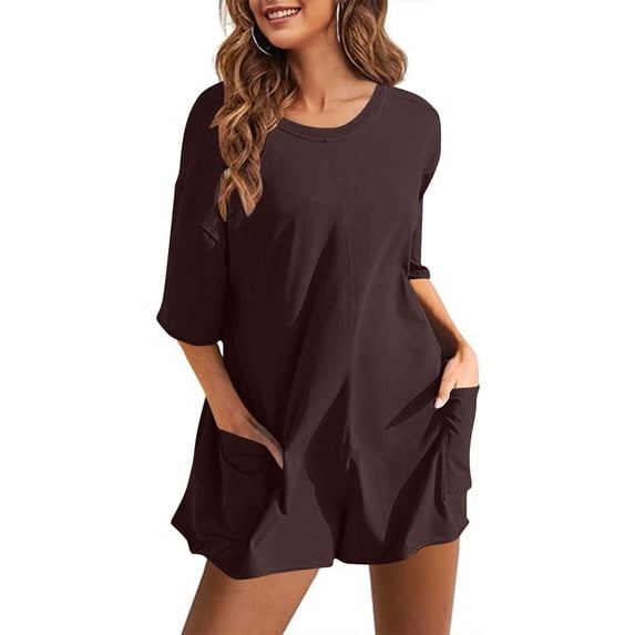 AHTJRT Rompers for Women Casual Solid Reversible Short Sleeve Jumpsuits One-Piece Crewneck Top Shorts Outfit Outdoor Camping Hiking Clothes Brown XL