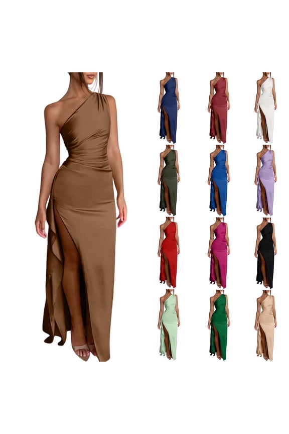 Satin Dress for Women One Shoulder Slimming Bodycon Slit Maxi Dresses Comfort Silky Soft Party Prom Wedding Guest Summer Dress Black S