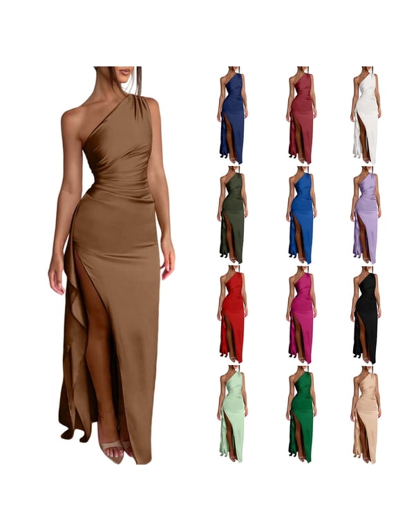 Satin Dress for Women One Shoulder Slimming Bodycon Slit Maxi Dresses Comfort Silky Soft Party Prom Wedding Guest Summer Dress Navy M
