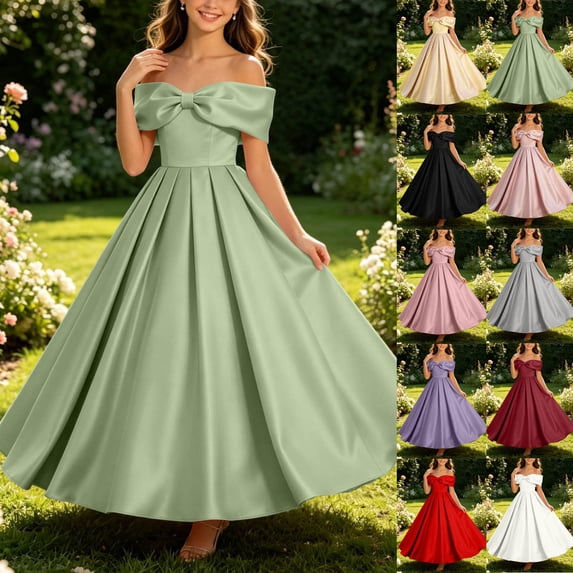 AHTJRT Satin Dresses for Girl Silk Soft Wedding Pageant Maxi Dresses Off the Shoulder Flower Girls Formal Ball Gowns Beige 13-14 Years