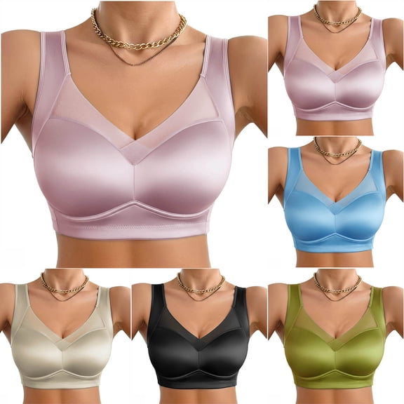 AHTJRT Satin Silk Bras for Women Wireless Seamless Sheer Mesh V Neck Bras Full Coverage Sports Bra Stretch Everyday Wear Bras for Large Breasts Beige#01 L